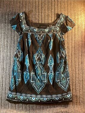Y2K Access Black Blue Paisley Mesh Babydoll Top Boho Fairycore